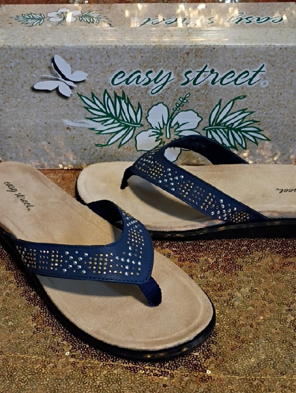 easy street Navy Rhinestone-Embellished Women's Thong Sandals